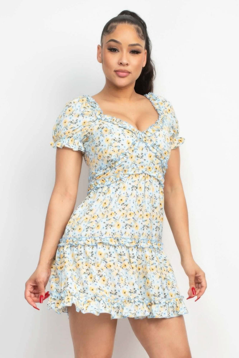 Ruffled Floral Puff Sleeve Dress - Fit Me For 20