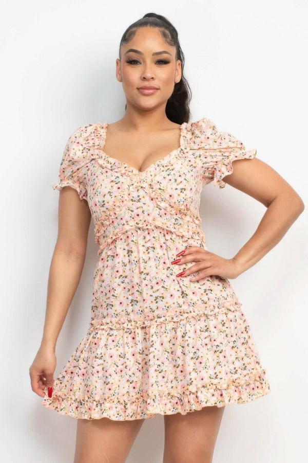 Ruffled Floral Puff Sleeve Dress - Fit Me For 20