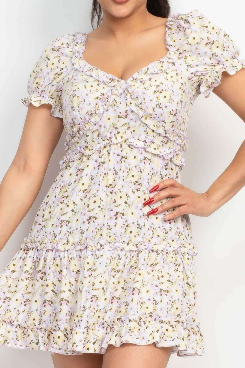 Ruffled Floral Puff Sleeve Dress - Fit Me For 20