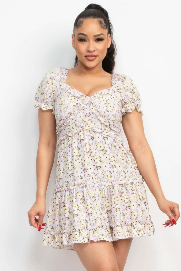 Ruffled Floral Puff Sleeve Dress - Fit Me For 20