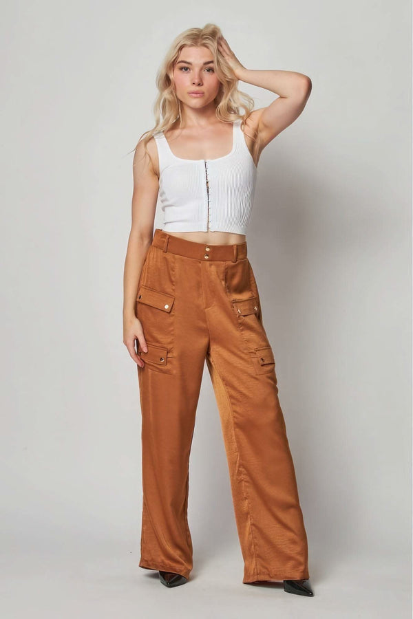 Satin Cargo Pocket Wide Leg Pants - Fit Me For 20