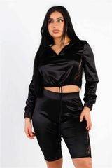 Satin Lace Details Long Sleeve Hooded Crop Top & Biker Short Set - Fit Me For 20