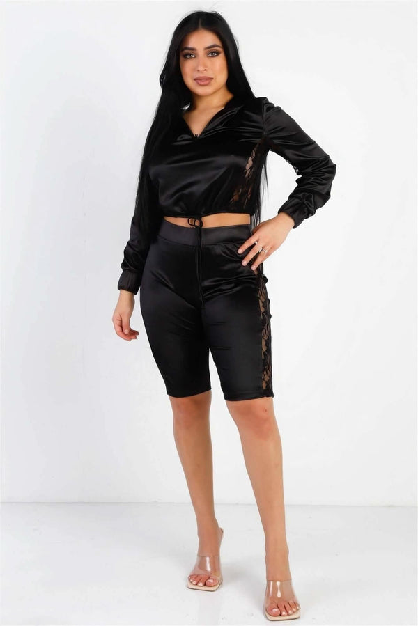 Satin Lace Details Long Sleeve Hooded Crop Top & Biker Short Set - Fit Me For 20