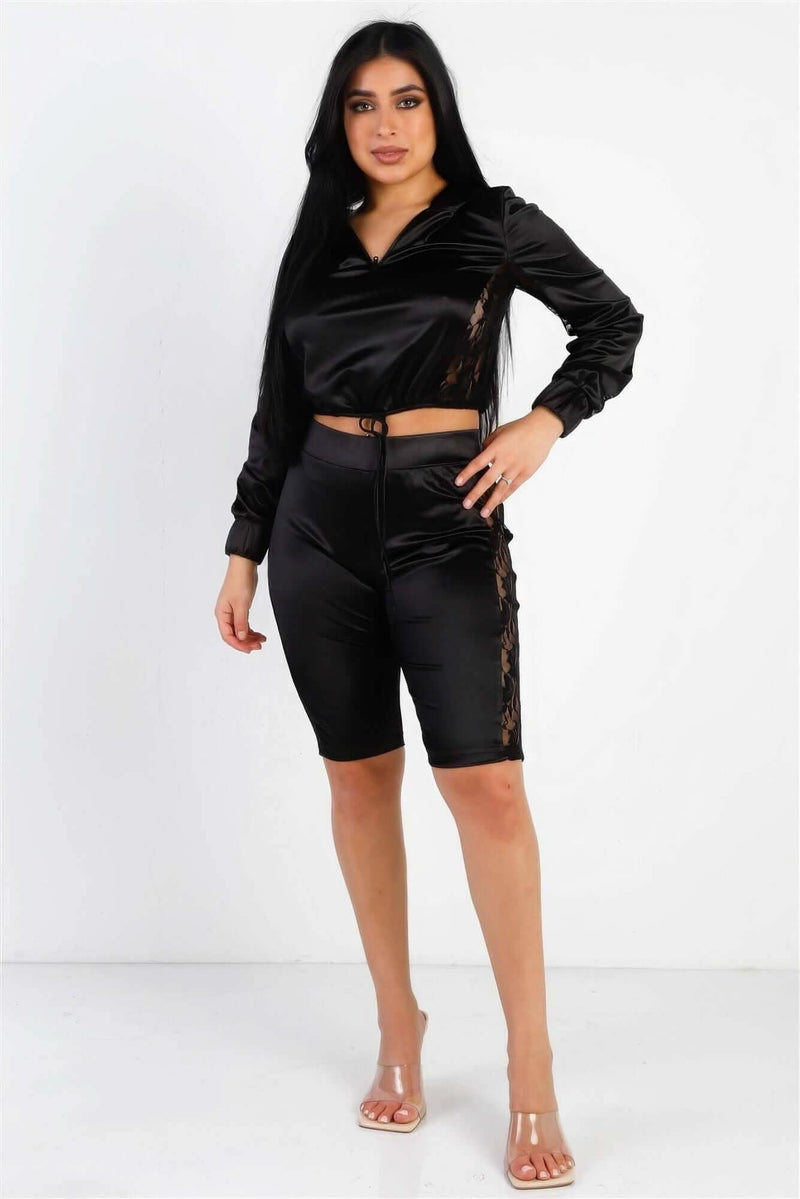 Satin Lace Details Long Sleeve Hooded Crop Top & Biker Short Set - Fit Me For 20