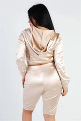 Satin Lace Details Long Sleeve Hooded Crop Top & Biker Short Set - Fit Me For 20