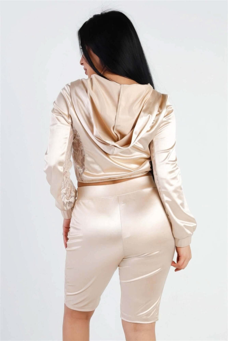 Satin Lace Details Long Sleeve Hooded Crop Top & Biker Short Set - Fit Me For 20