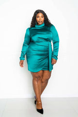 Satin Mock Neck Rouched Mini Dress - Fit Me For 20