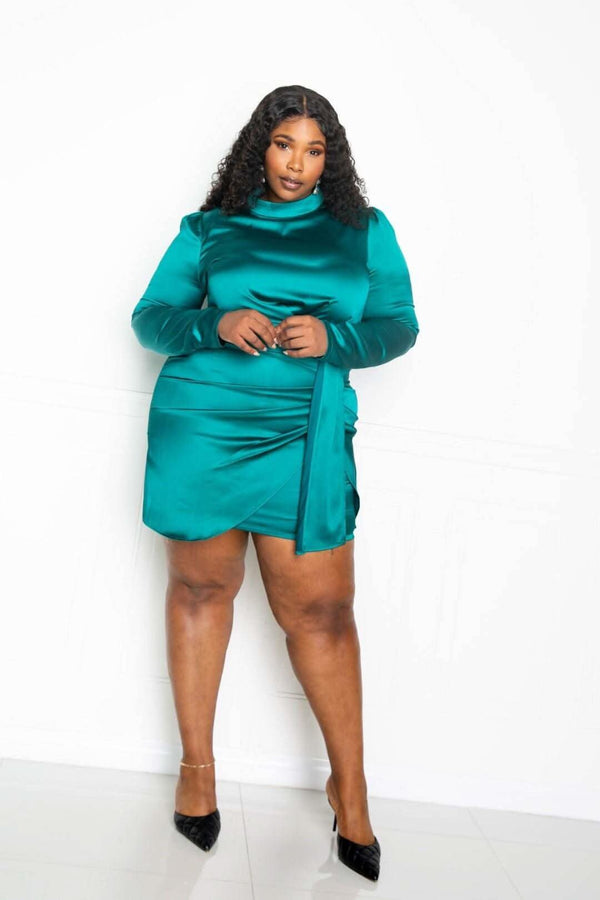 Satin Mock Neck Rouched Mini Dress - Fit Me For 20