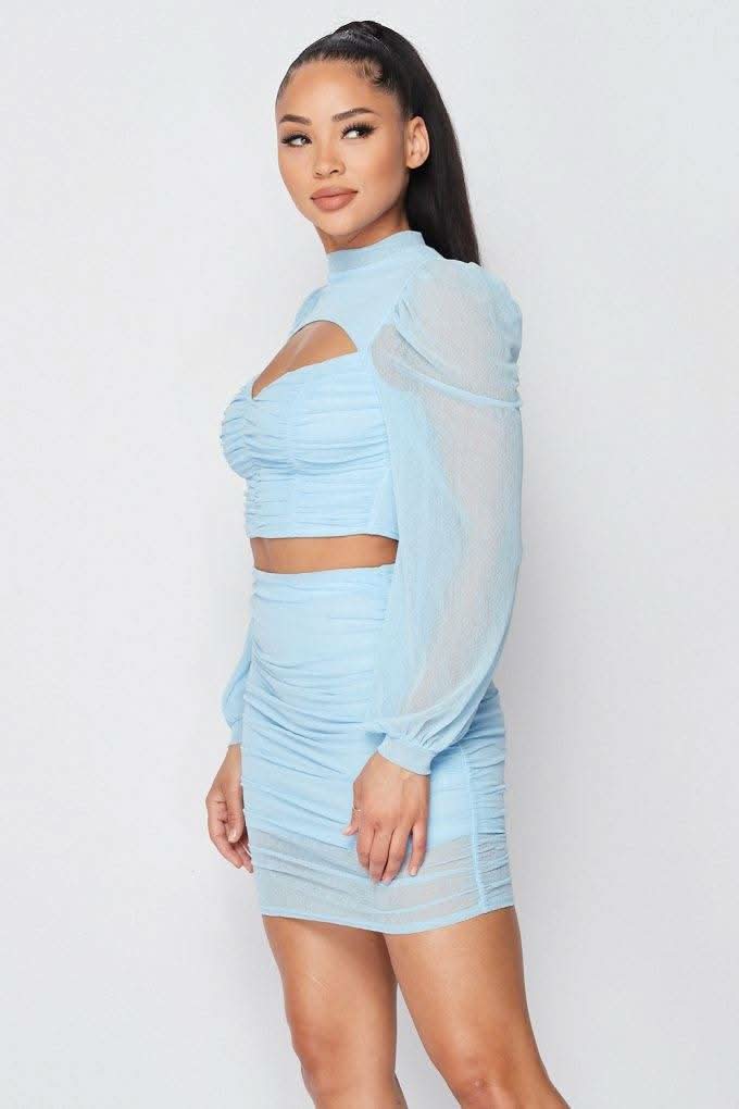Sexy Sheer Cutout Puff Sleeved Top And Skirt Set - Fit Me For 20