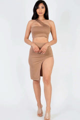Sexy Solid One Shoulder Crop Top & Split Thigh Midi Skirt Set - Fit Me For 20