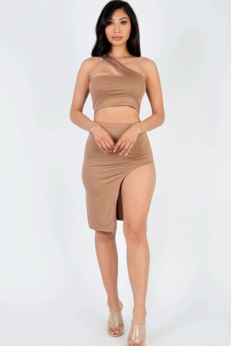 Sexy Solid One Shoulder Crop Top & Split Thigh Midi Skirt Set - Fit Me For 20