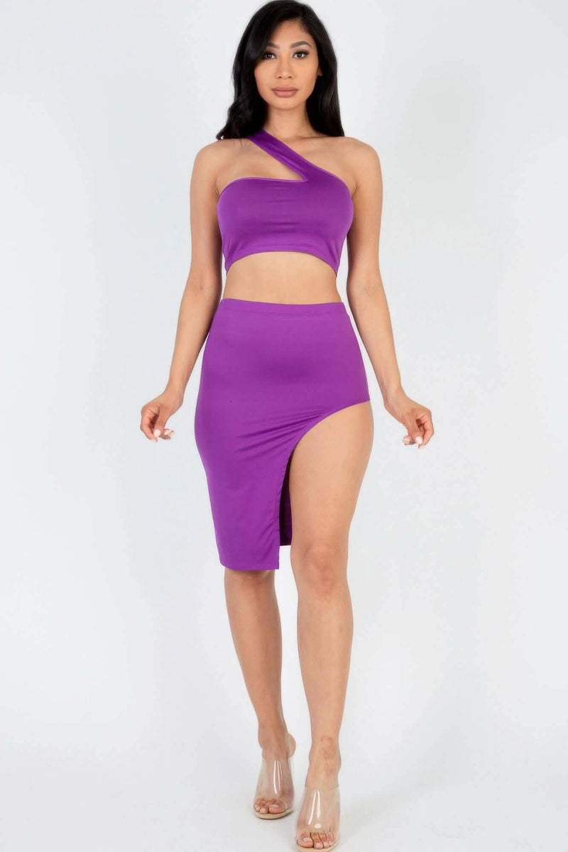 Sexy Solid One Shoulder Crop Top & Split Thigh Midi Skirt Set - Fit Me For 20