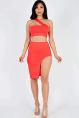 Sexy Solid One Shoulder Crop Top & Split Thigh Midi Skirt Set - Fit Me For 20