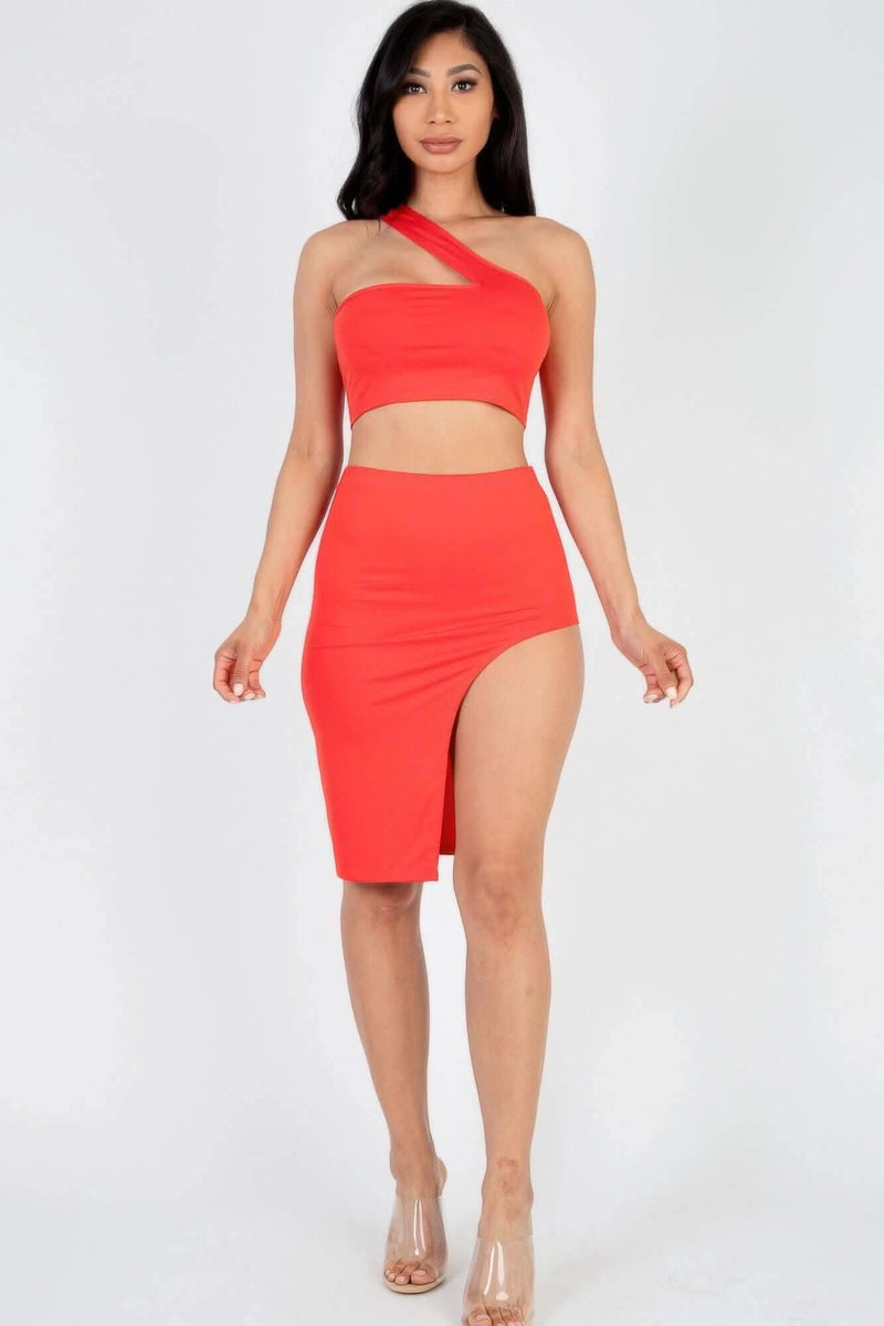 Sexy Solid One Shoulder Crop Top & Split Thigh Midi Skirt Set - Fit Me For 20
