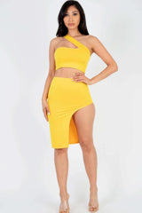 Sexy Solid One Shoulder Crop Top & Split Thigh Midi Skirt Set - Fit Me For 20