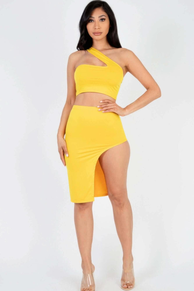 Sexy Solid One Shoulder Crop Top & Split Thigh Midi Skirt Set - Fit Me For 20