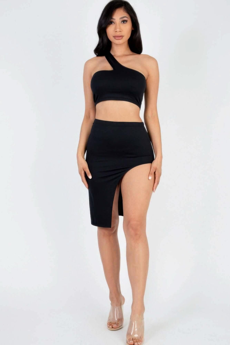 Sexy Solid One Shoulder Crop Top & Split Thigh Midi Skirt Set - Fit Me For 20