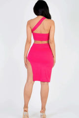 Sexy Solid One Shoulder Crop Top & Split Thigh Midi Skirt Set - Fit Me For 20