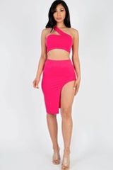 Sexy Solid One Shoulder Crop Top & Split Thigh Midi Skirt Set - Fit Me For 20