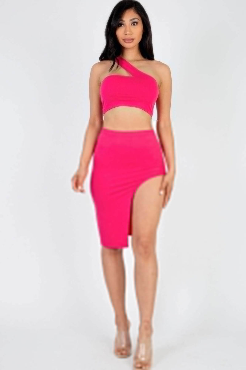 Sexy Solid One Shoulder Crop Top & Split Thigh Midi Skirt Set - Fit Me For 20