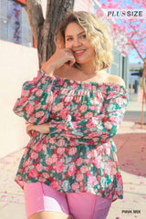 Sheer Floral Print Metallic Threading Long Sleeve Off Shoulder Top With High Low Hem - Fit Me For 20