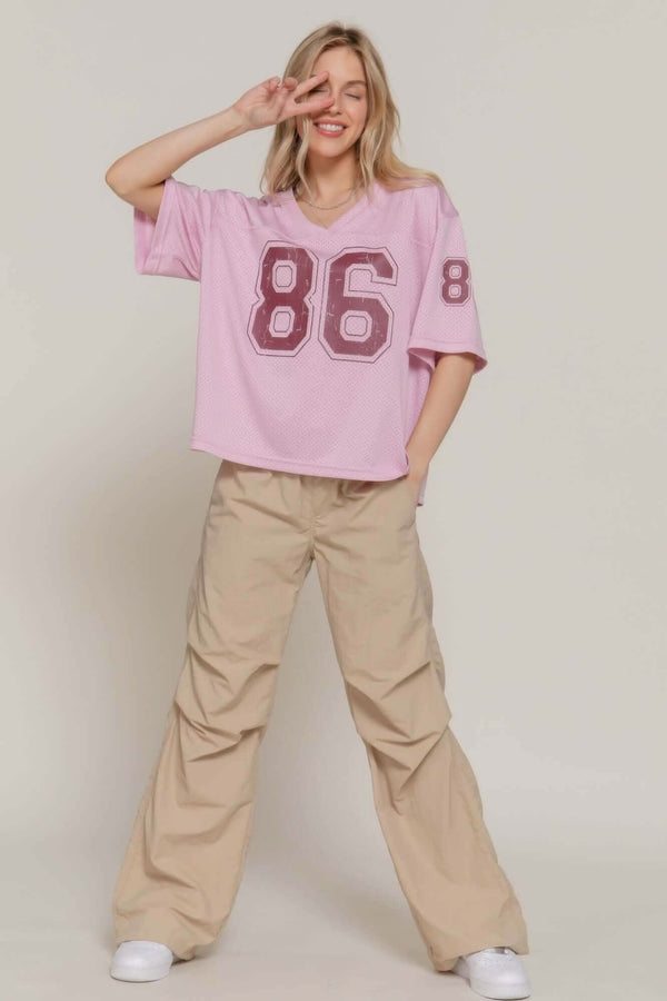 Silk Screen Print Mesh Oversize Basball T-shirt - Fit Me For 20