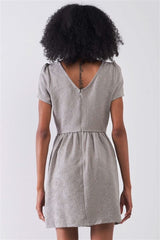 Silver Grey Floral Embroidery Round Neck Short Sleeve Mini Dress - Fit Me For 20