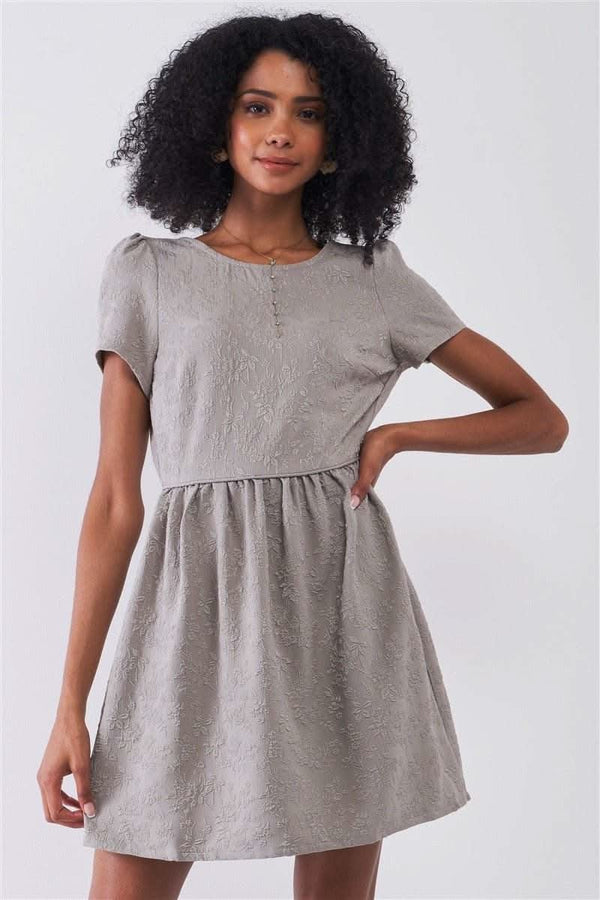 Silver Grey Floral Embroidery Round Neck Short Sleeve Mini Dress - Fit Me For 20