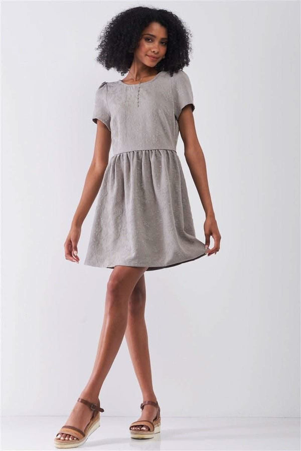 Silver Grey Floral Embroidery Round Neck Short Sleeve Mini Dress - Fit Me For 20