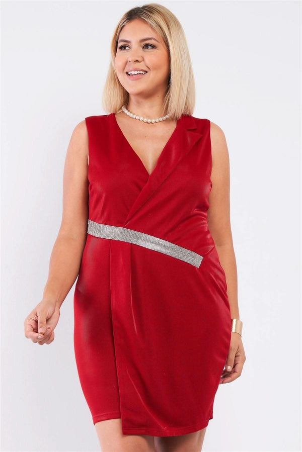 Sleeveless V-neck Asymmetrical Wrap Rhinestones Detail Fitted Mini Blazer Dress - Fit Me For 20