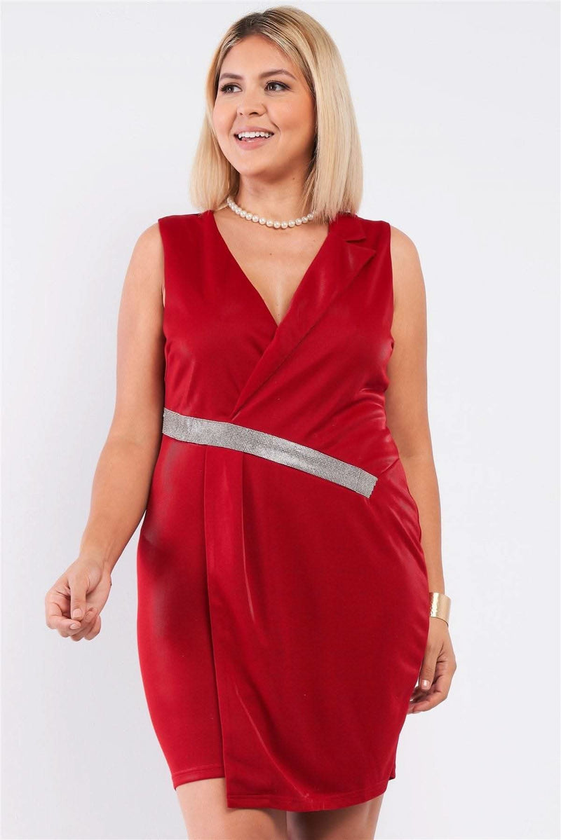 Sleeveless V-neck Asymmetrical Wrap Rhinestones Detail Fitted Mini Blazer Dress - Fit Me For 20