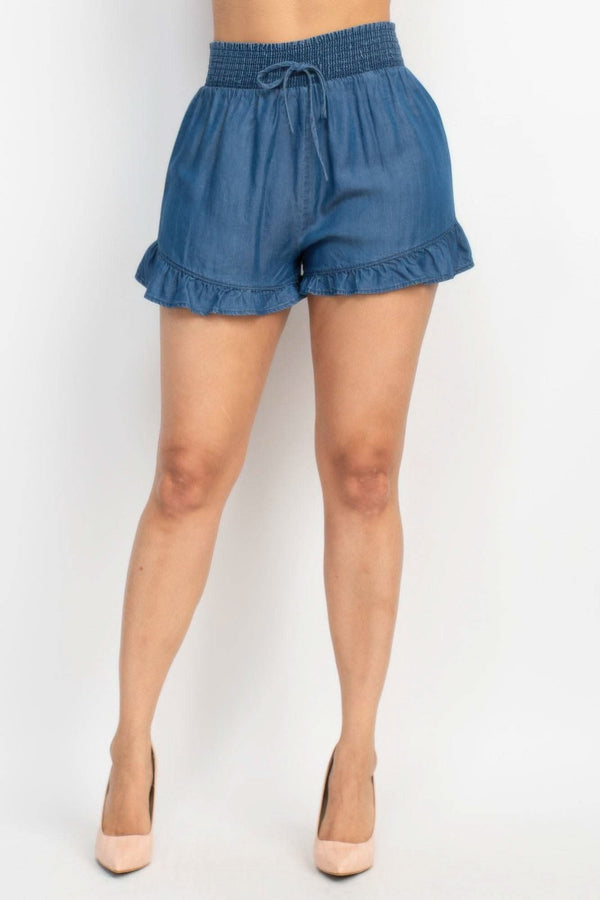 Smocked Waist Ruffled Denim Shorts - Fit Me For 20