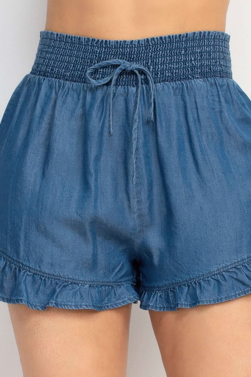 Smocked Waist Ruffled Denim Shorts - Fit Me For 20