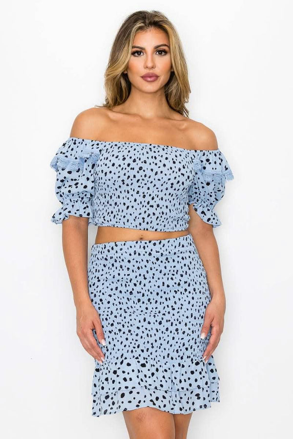 Smocking Ruffled Printed Top & Skirts Set - Fit Me For 20