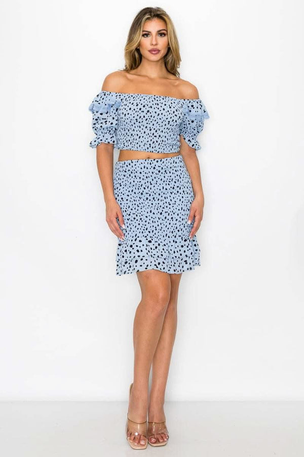 Smocking Ruffled Printed Top & Skirts Set - Fit Me For 20