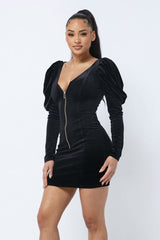 Soft Velvet Pleated Puff Sleeve Low V Neck Front And Back Mini Dress - Fit Me For 20
