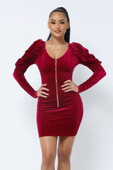 Soft Velvet Pleated Puff Sleeve Low V Neck Front And Back Mini Dress - Fit Me For 20
