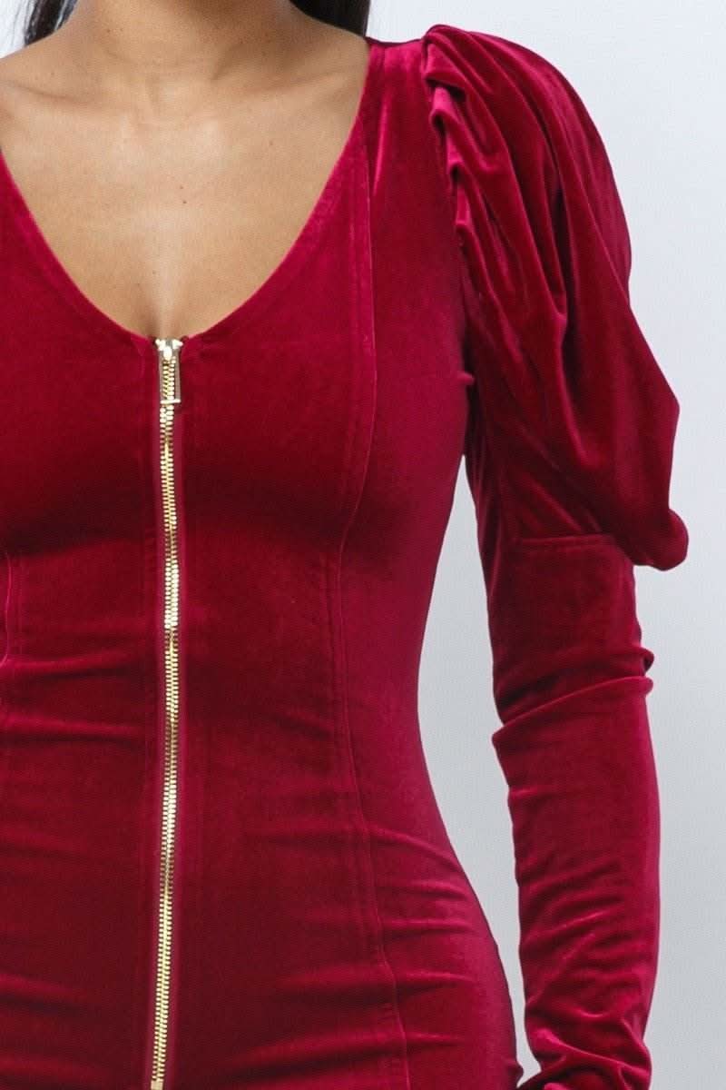Soft Velvet Pleated Puff Sleeve Low V Neck Front And Back Mini Dress - Fit Me For 20