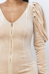 Soft Velvet Pleated Puff Sleeve Low V Neck Front And Back Mini Dress - Fit Me For 20