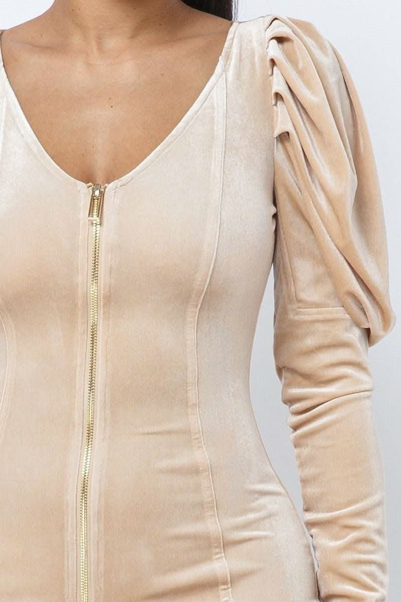 Soft Velvet Pleated Puff Sleeve Low V Neck Front And Back Mini Dress - Fit Me For 20