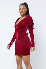 Soft Velvet Pleated Puff Sleeve Low V Neck Front And Back Mini Dress - Fit Me For 20