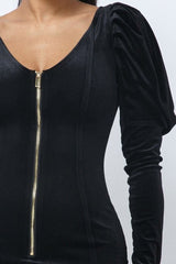 Soft Velvet Pleated Puff Sleeve Low V Neck Front And Back Mini Dress - Fit Me For 20