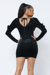 Soft Velvet Pleated Puff Sleeve Low V Neck Front And Back Mini Dress - Fit Me For 20