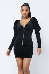 Soft Velvet Pleated Puff Sleeve Low V Neck Front And Back Mini Dress - Fit Me For 20