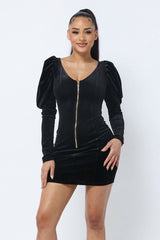 Soft Velvet Pleated Puff Sleeve Low V Neck Front And Back Mini Dress - Fit Me For 20
