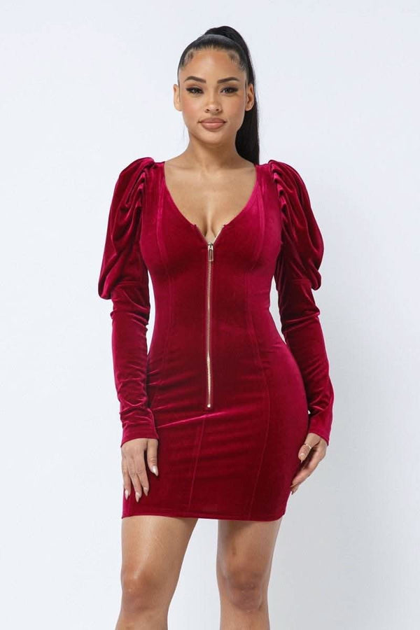 Soft Velvet Pleated Puff Sleeve Low V Neck Front And Back Mini Dress - Fit Me For 20