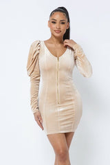Soft Velvet Pleated Puff Sleeve Low V Neck Front And Back Mini Dress - Fit Me For 20