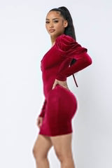 Soft Velvet Pleated Puff Sleeve Low V Neck Front And Back Mini Dress - Fit Me For 20