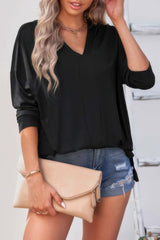 Solid Drop Shoulder V Neck Split Long Sleeve Blous - Fit Me For 20
