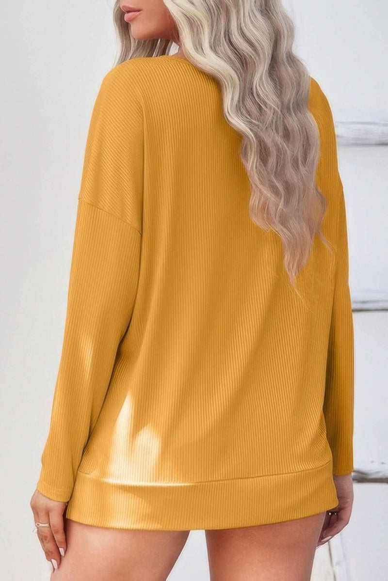 Solid Drop Shoulder V Neck Split Long Sleeve Blous - Fit Me For 20